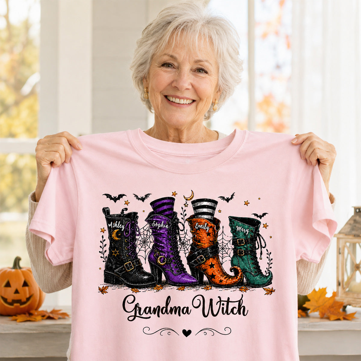 Grandma Witch Boots With Grandkids’ Names – Personalized Shirt – Halloween Gift For Grandma
