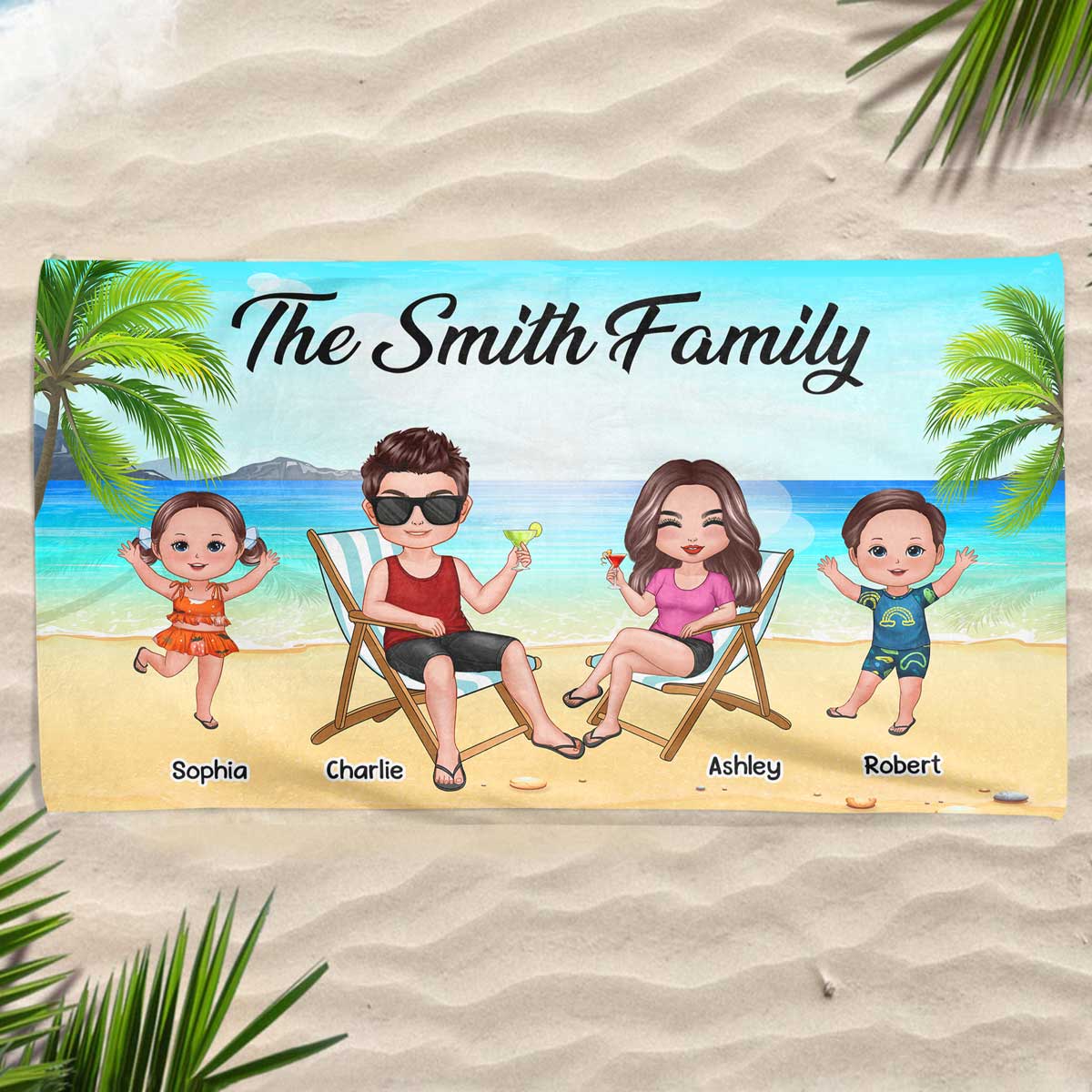 Summer Happy Whole Doll Family Couple Dad Mom Kids Dogs Cats Personalized Beach Towel