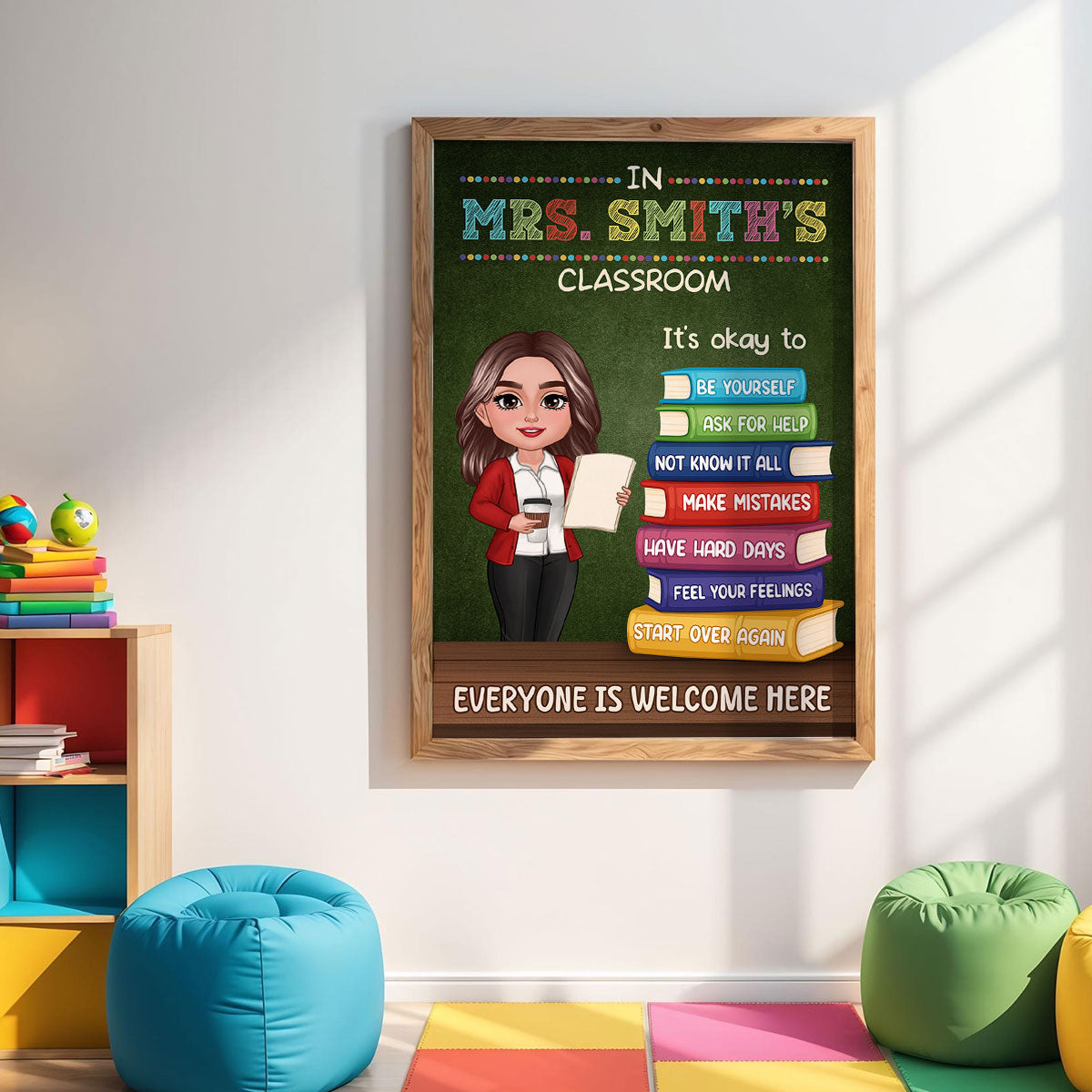 Teacher Standing By Stack Of Books In This Classroom It Is Okay To Personalized Poster, Classroom Decor