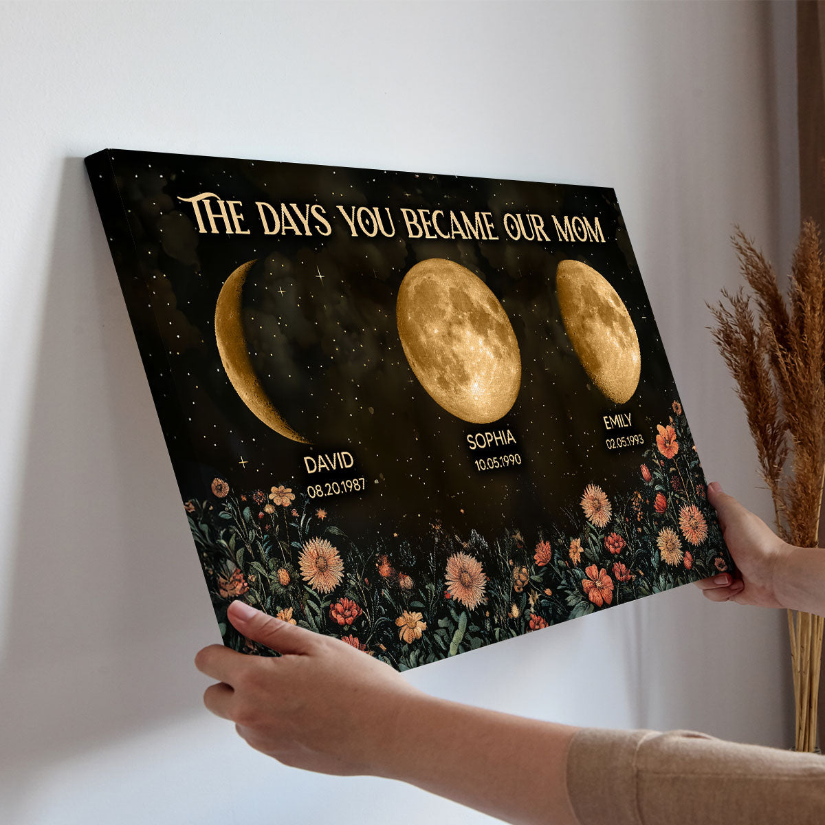 Vintage Flowers The Day You Become Mom Grandma Custom Birth Moon Phase Personalized Canvas Prints
