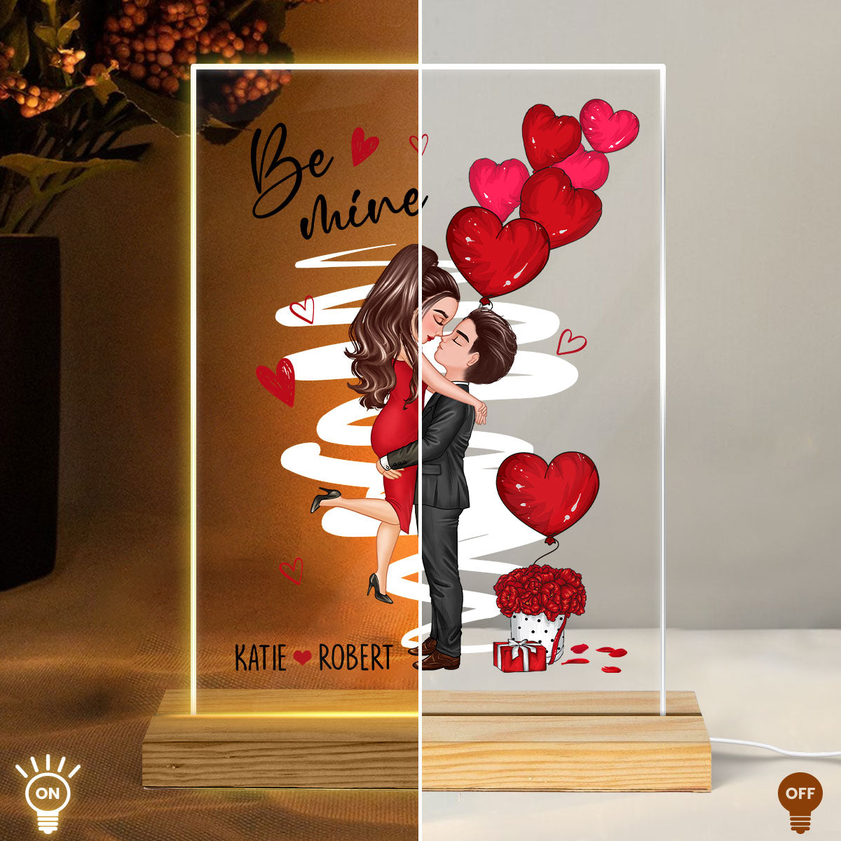Be Mine Doll Couple Kissing - Personalized Acrylic Block Plaque LED Night Light - Anniversary Gift For Him, Gift For Her