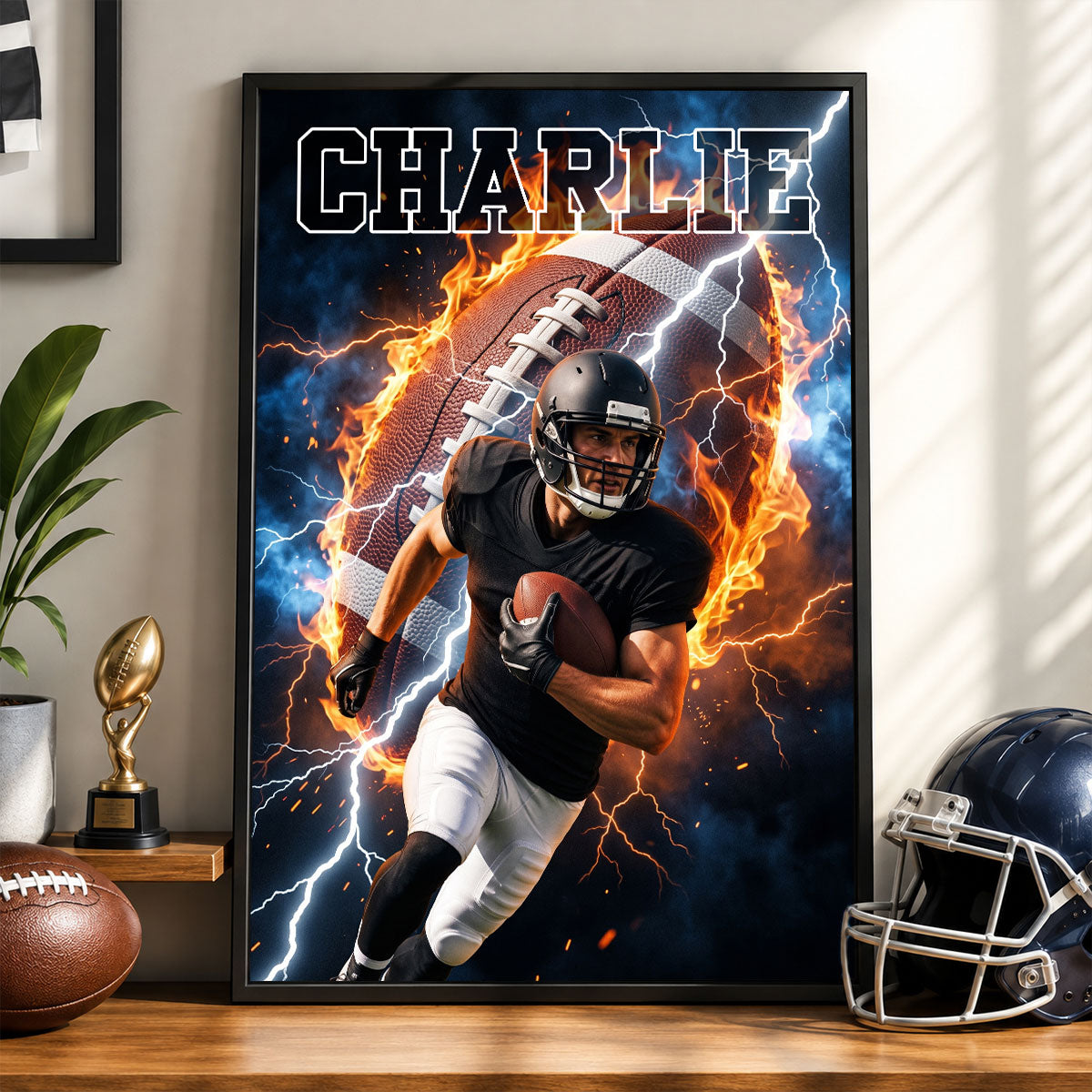 Football On Fire Photo Insert - Personalized Poster - Trending Gift For Boy, Girl