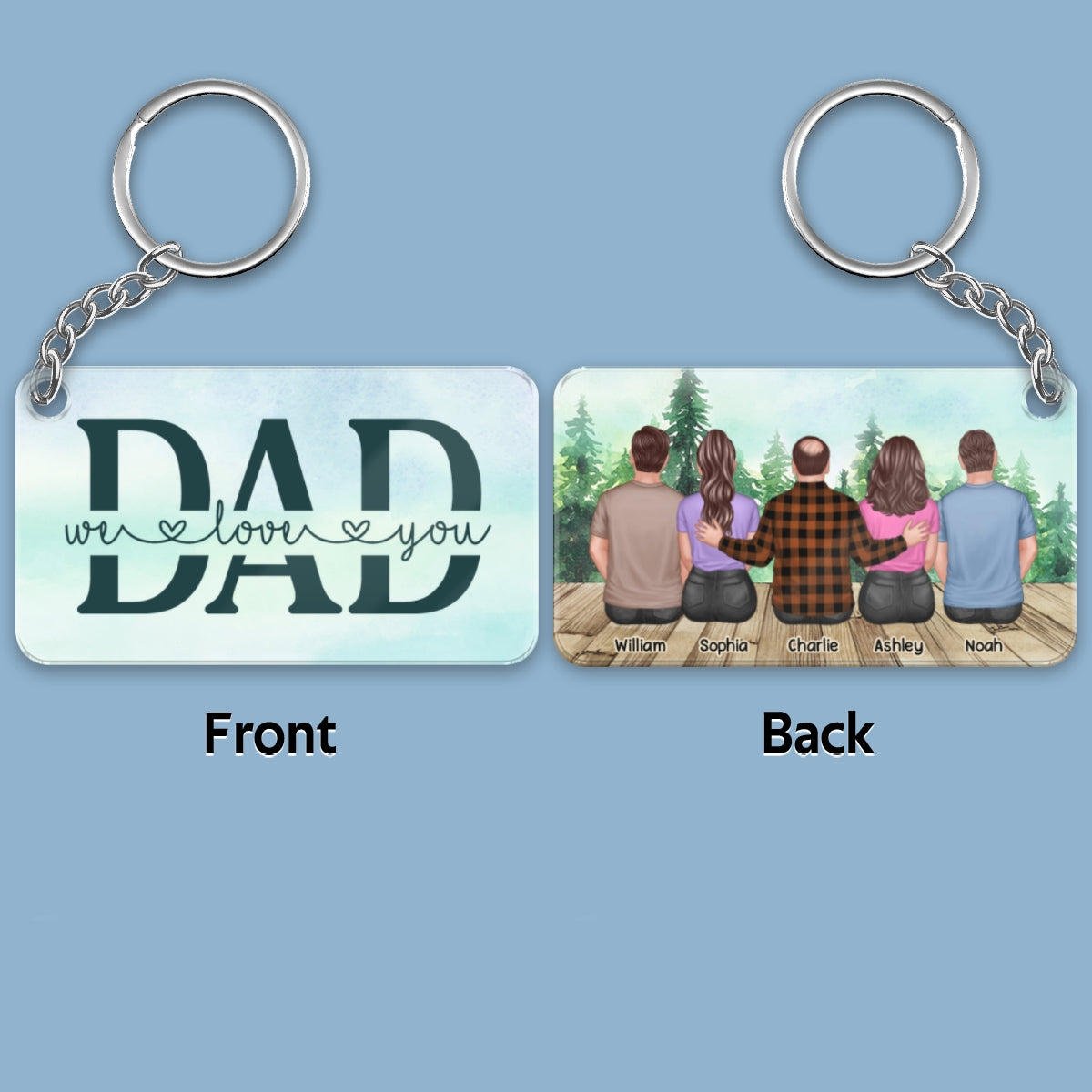 Back View Dad And Daughters Sons Sitting Forest Personalized Acrylic Keychain