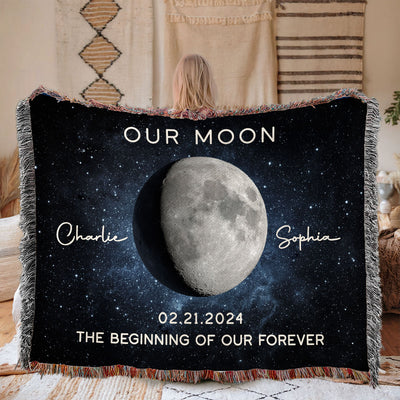 Our Moon Couple Gift Moon Phase Art Wedding Anniversary Gift For Him Gift For Her Personalized Tapestry Woven Blanket