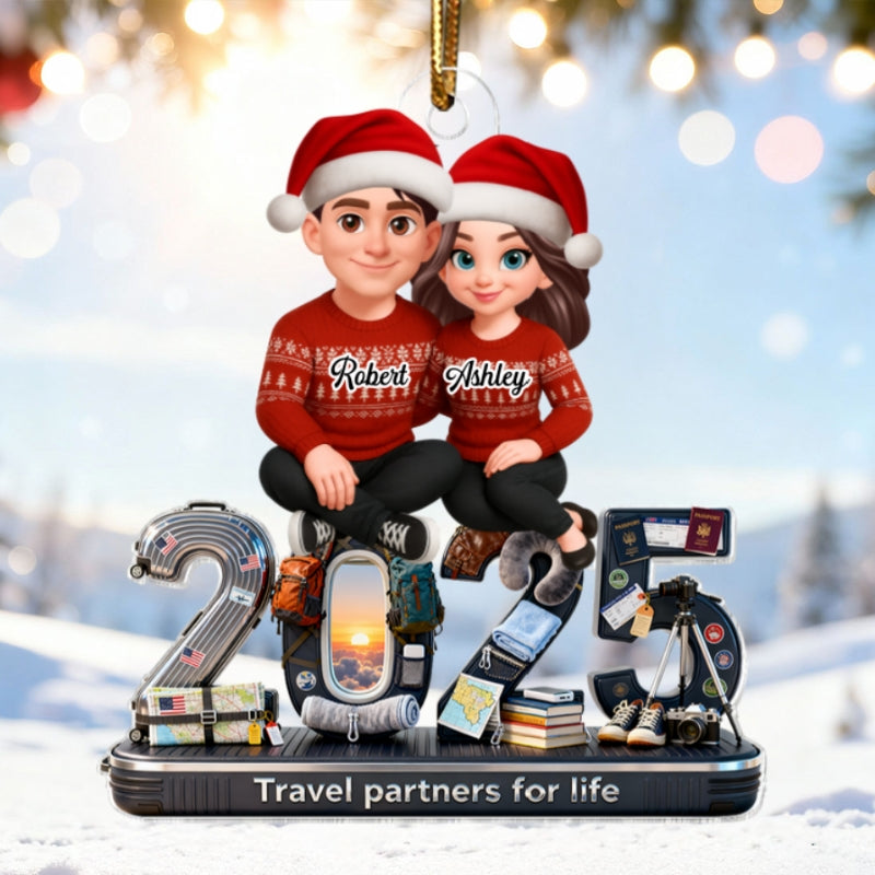 3D Effect Couple Travel Partners For Life Signature Symbols Christmas - Personalized Acrylic Ornament - Gift For Traveling Couple, Gift For Him, For Her