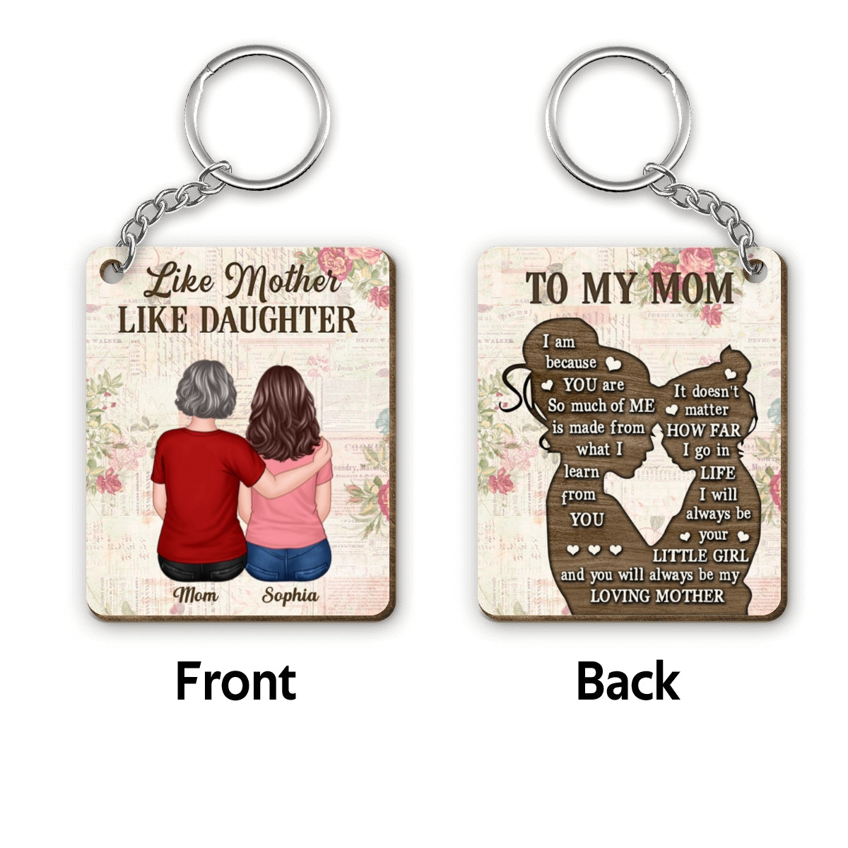 Back View Mom And Daughter Personalized Wooden Keychain