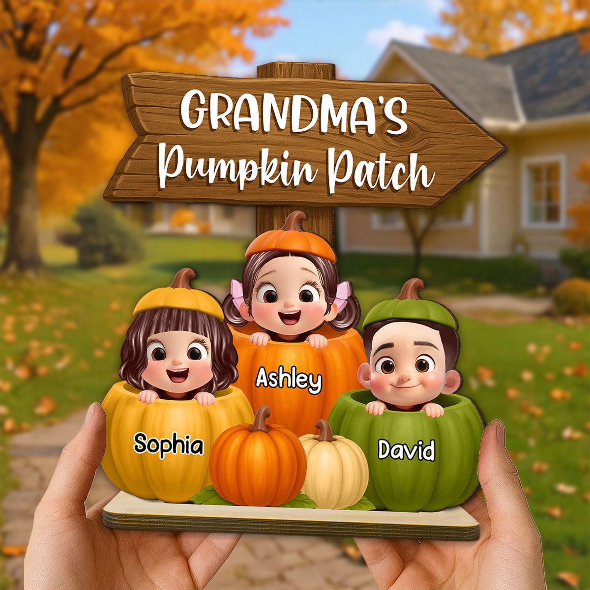 Grandma Pumpkin Patch Cute Grandkids Direction Sign 3D Effect Personalized Standing Wooden Plaque