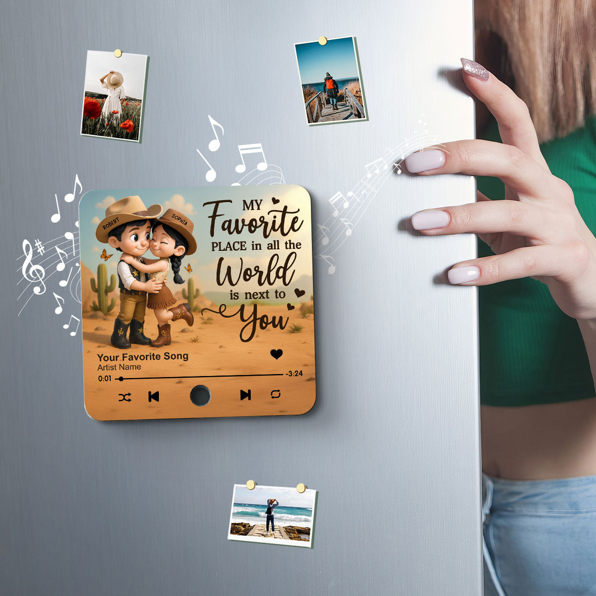 Favorite Place Is Next To You Cartoon Style Countryside Couple Cowboy Cowgirl Personalized Music Fridge Magnet