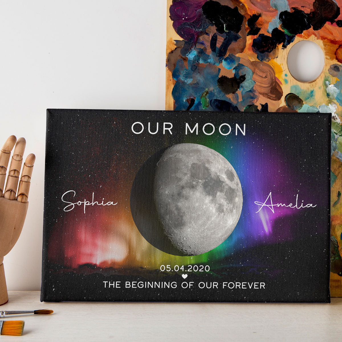 Our Moon LGBTQ Couple Gift Moon Phase Art Personalized Canvas, Pride Month Gift, Anniversary Gift