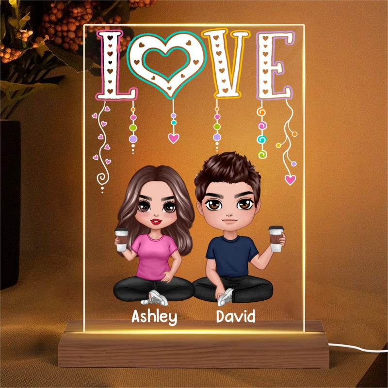 LOVE Happy Doll Couple Sitting Personalized Rectangle Acrylic Plaque LED Night Light