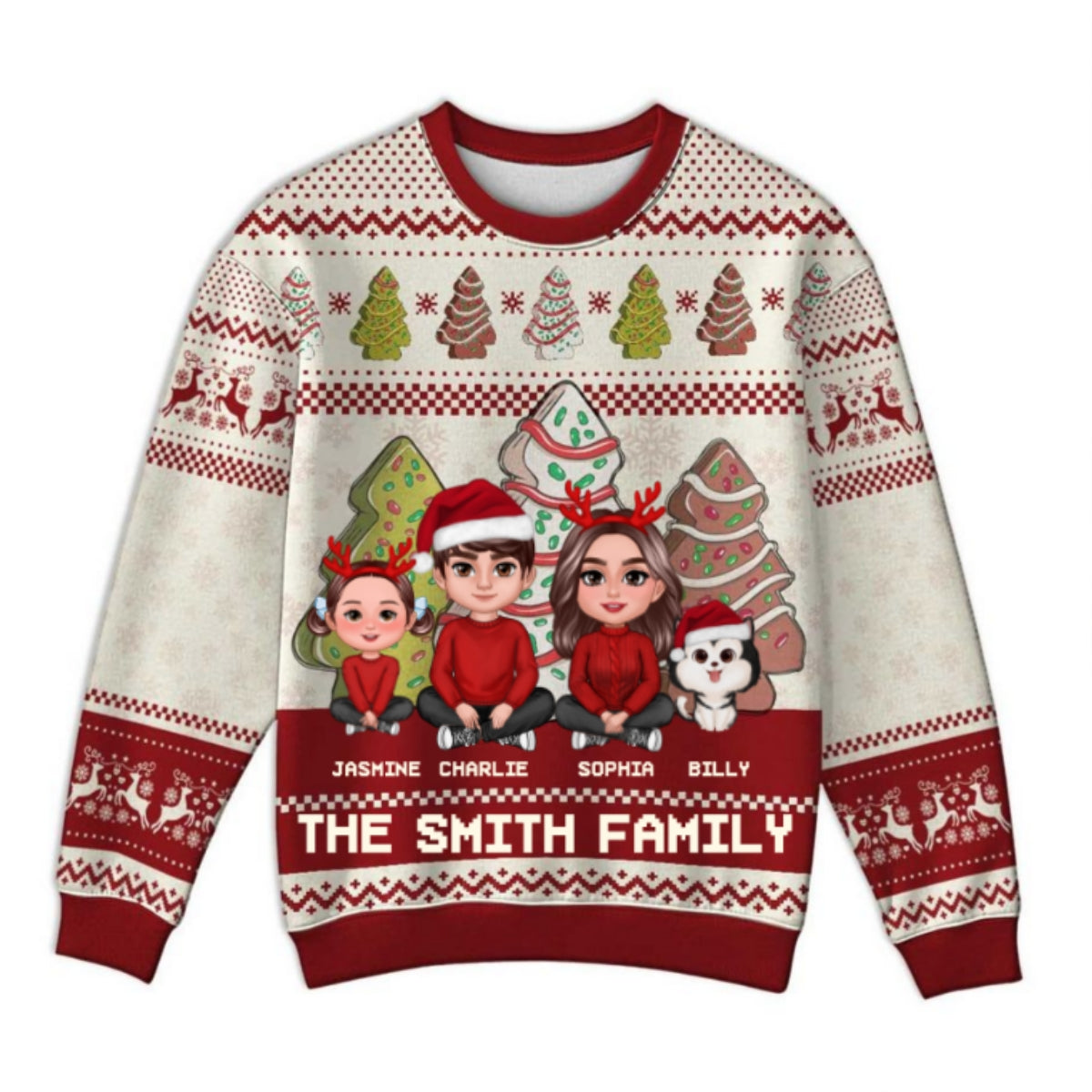 Family Christmas Tree Cake Personalized Faux Knitting Ugly Sweater