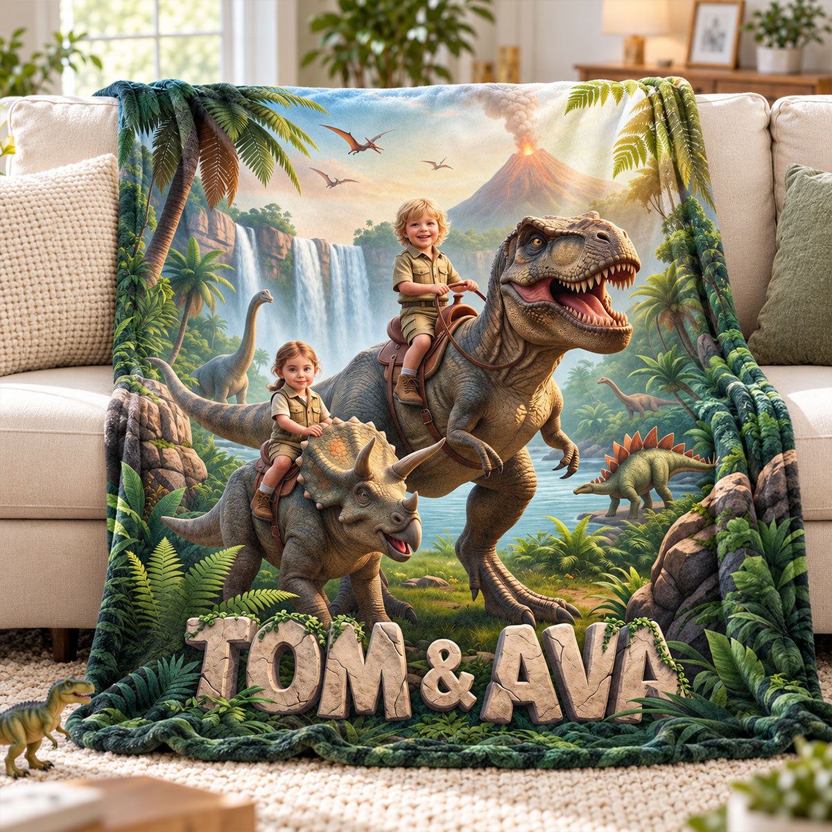 Kid Riding Dinosaur Custom Portrait from Photo - Personalized Fleece Blanket - Christmas Gift for Son, Daughter, Grandkids