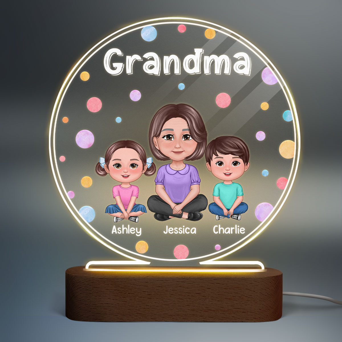 Pretty Doll Grandma Grandkids Colorful Dots Personalized Circle Acrylic LED Night Light