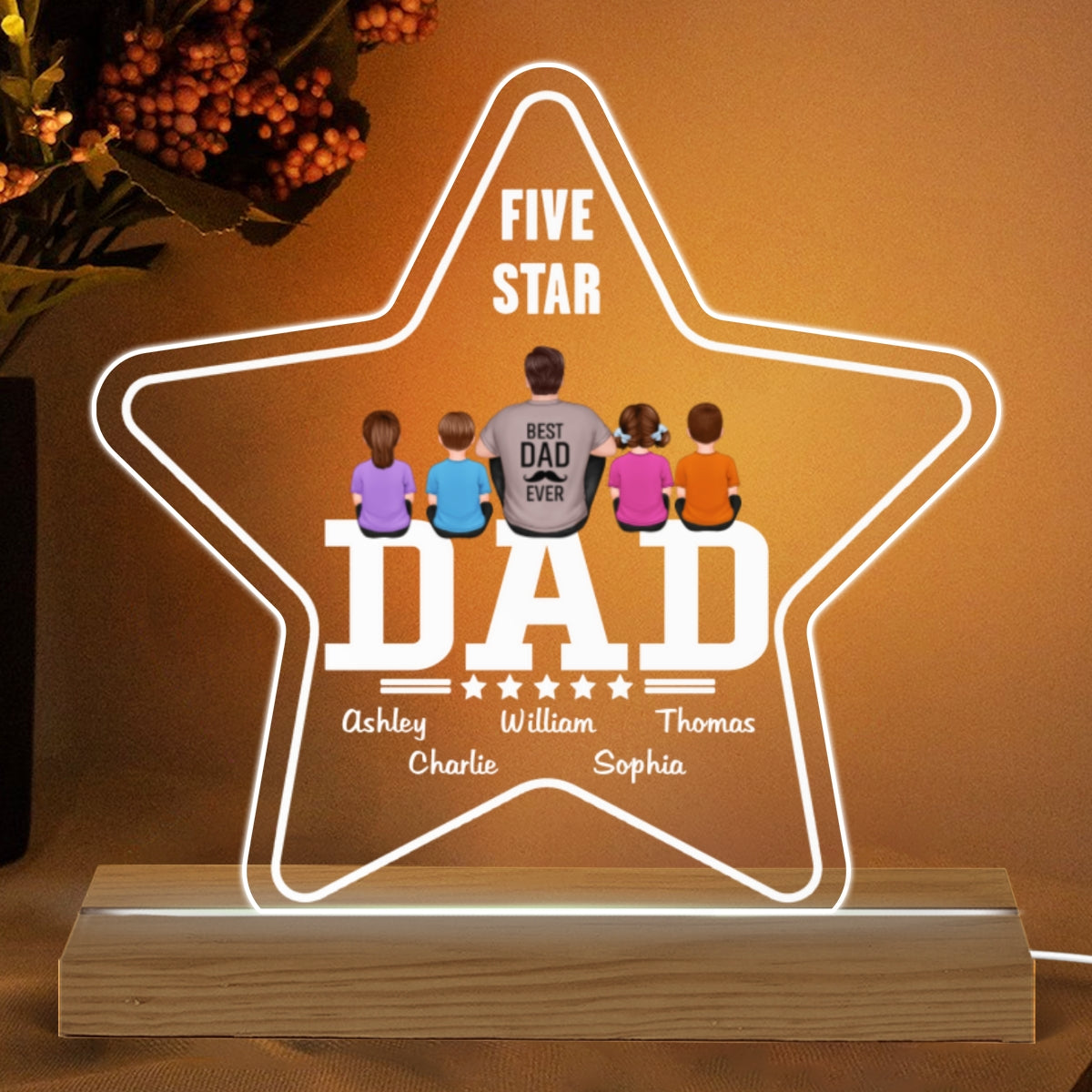 Five - Star Dad Back View Sitting Man Kids Dog Cat Personalized Warm Acrylic Custom Shape LED Night Light