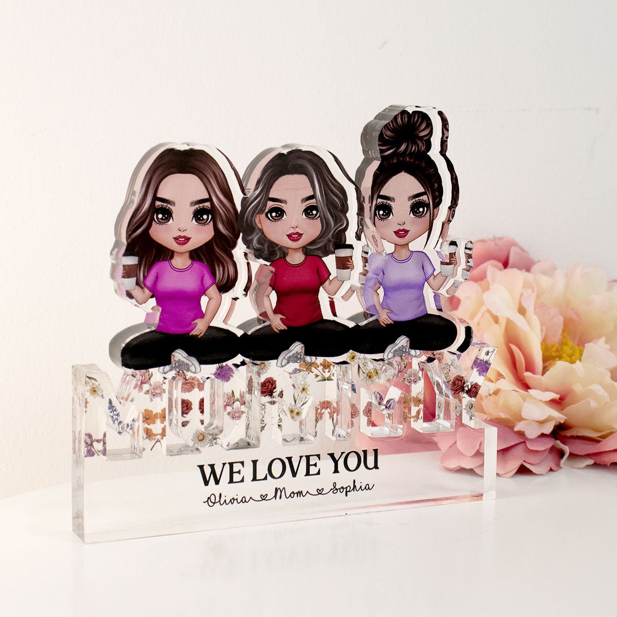 Mom And Daughters Sitting On Word Vintage Flowers Personalized Acrylic Block Plaque