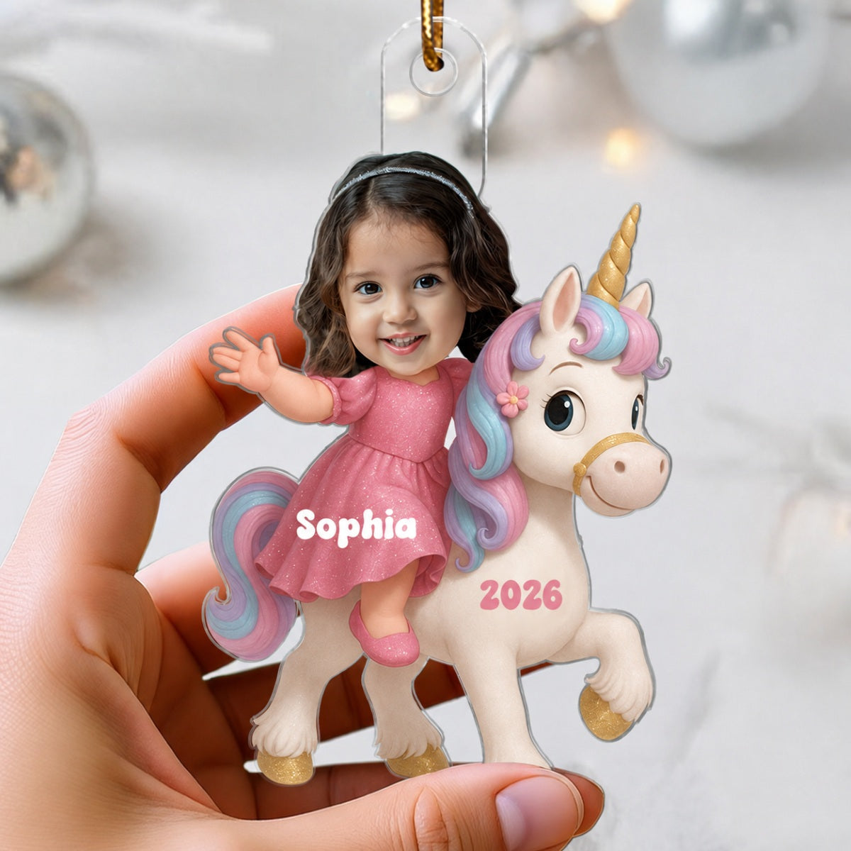 3D Effect Custom Kid Photo Face With Unicorn Christmas Personalized Acrylic Ornament