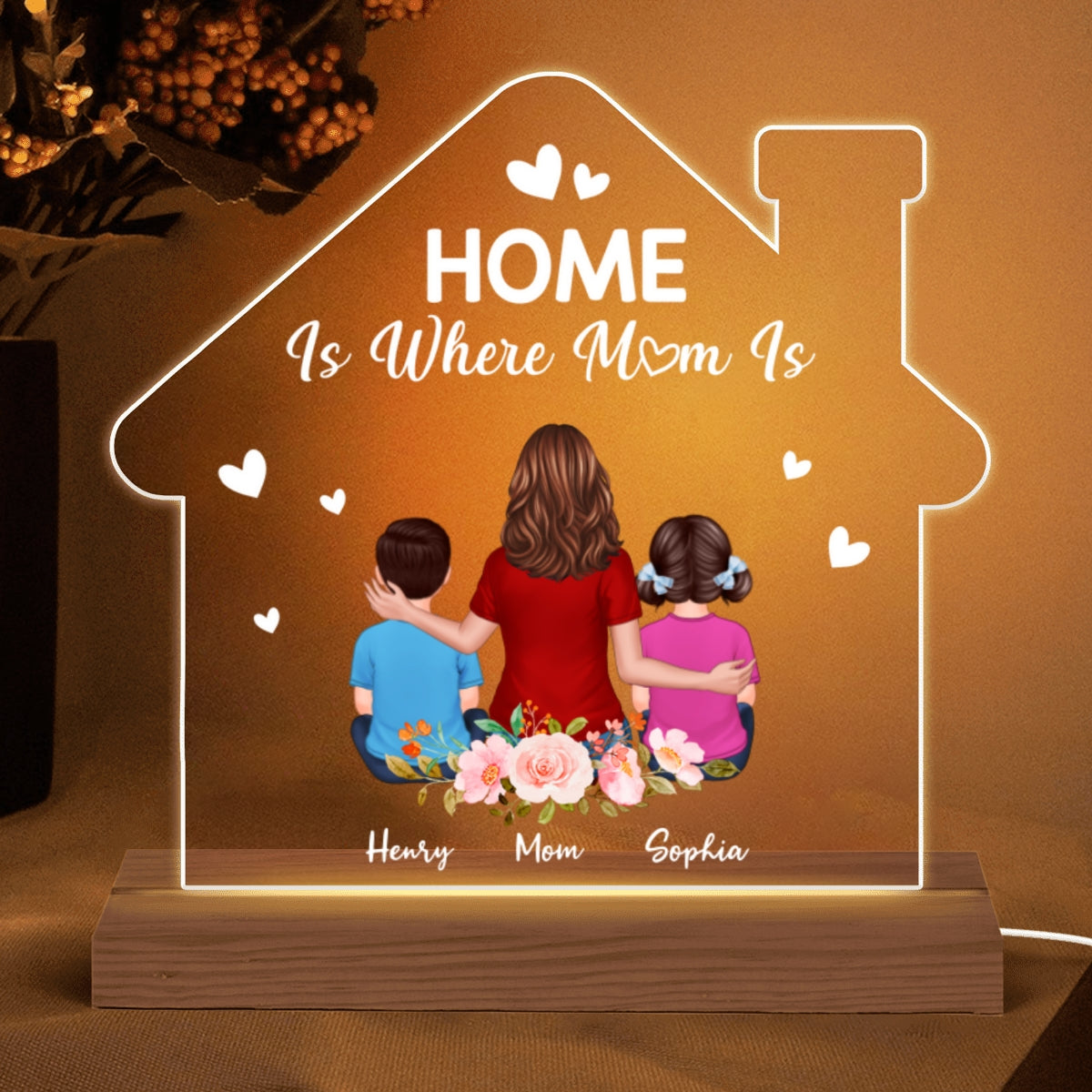 Mom Grandma Is Home Personalized House Shaped Acrylic Plaque With LED Night Light