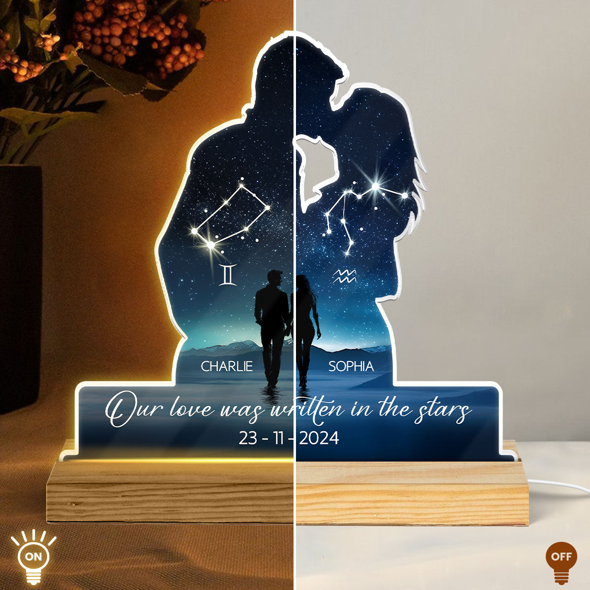 Our Love Was Written In The Stars Personalized Couple Kissing Shaped Acrylic LED Night Light, Anniversary  Gift For Her, For Him, Husband, Wife