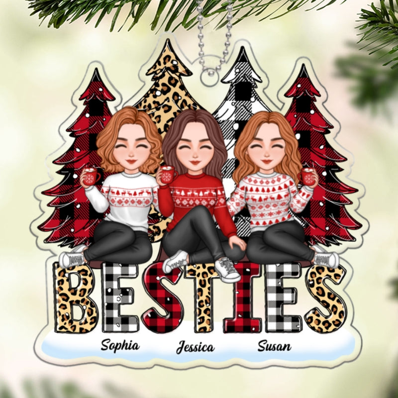 Leopard Checkered Pattern Christmas Trees Cute Besties Sisters Sitting Together Christmas Gift Personalized Acrylic Ornament