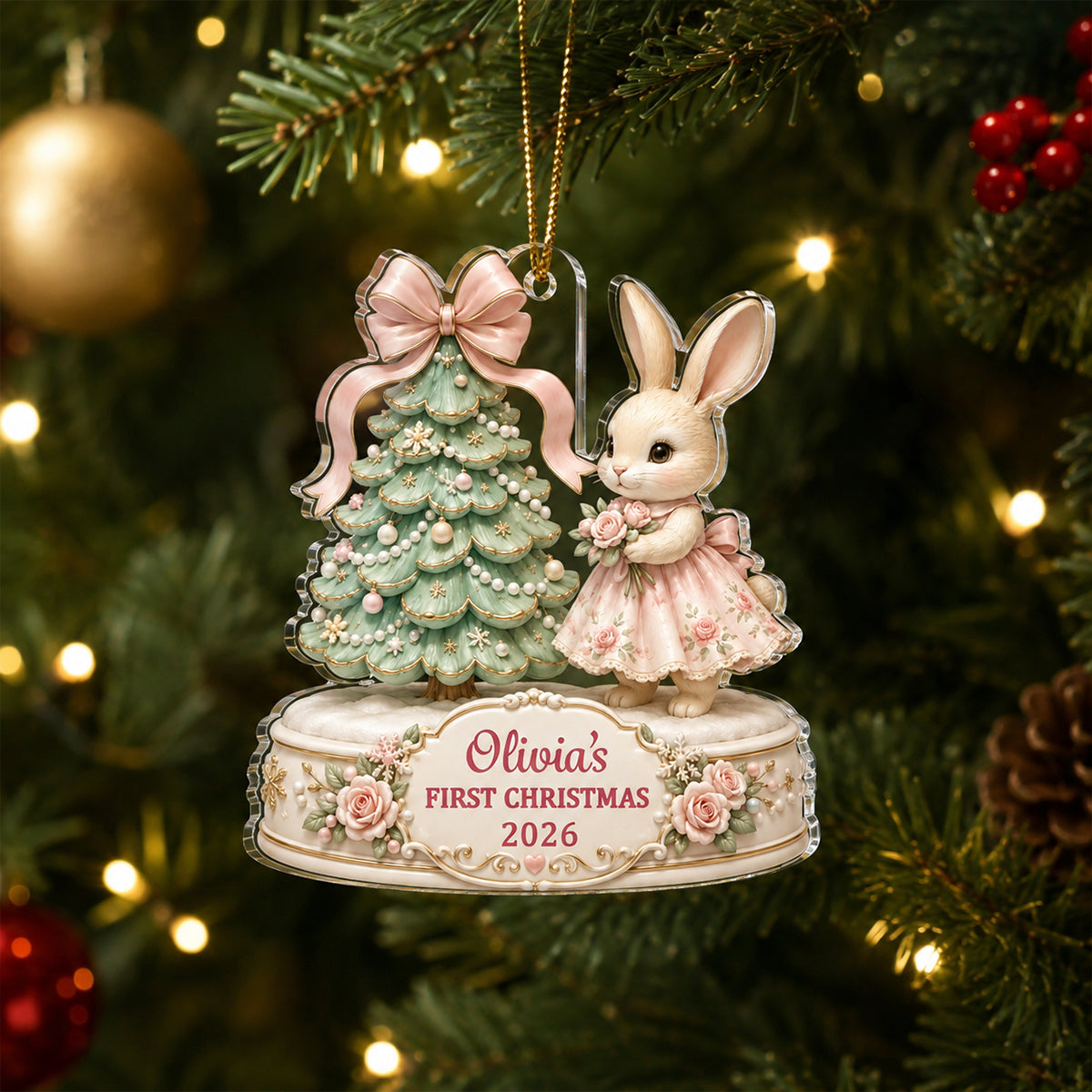 Baby's First Christmas Cute Rabbit - Personalized Acrylic Ornament - Newborn Gift