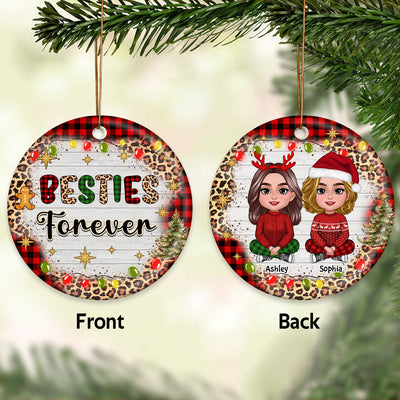 Checkered And Leopard Besties Sisters Sitting Personalized Double Sided Circle Ornament