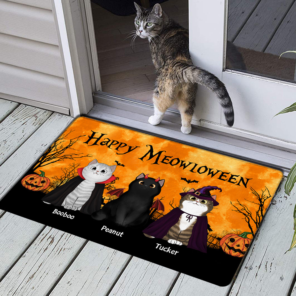 Happy Meowloween Halloween Moon Light Bat Tree Spooky Cat Personalized Doormat, Purrfect Decor for Cat Lover