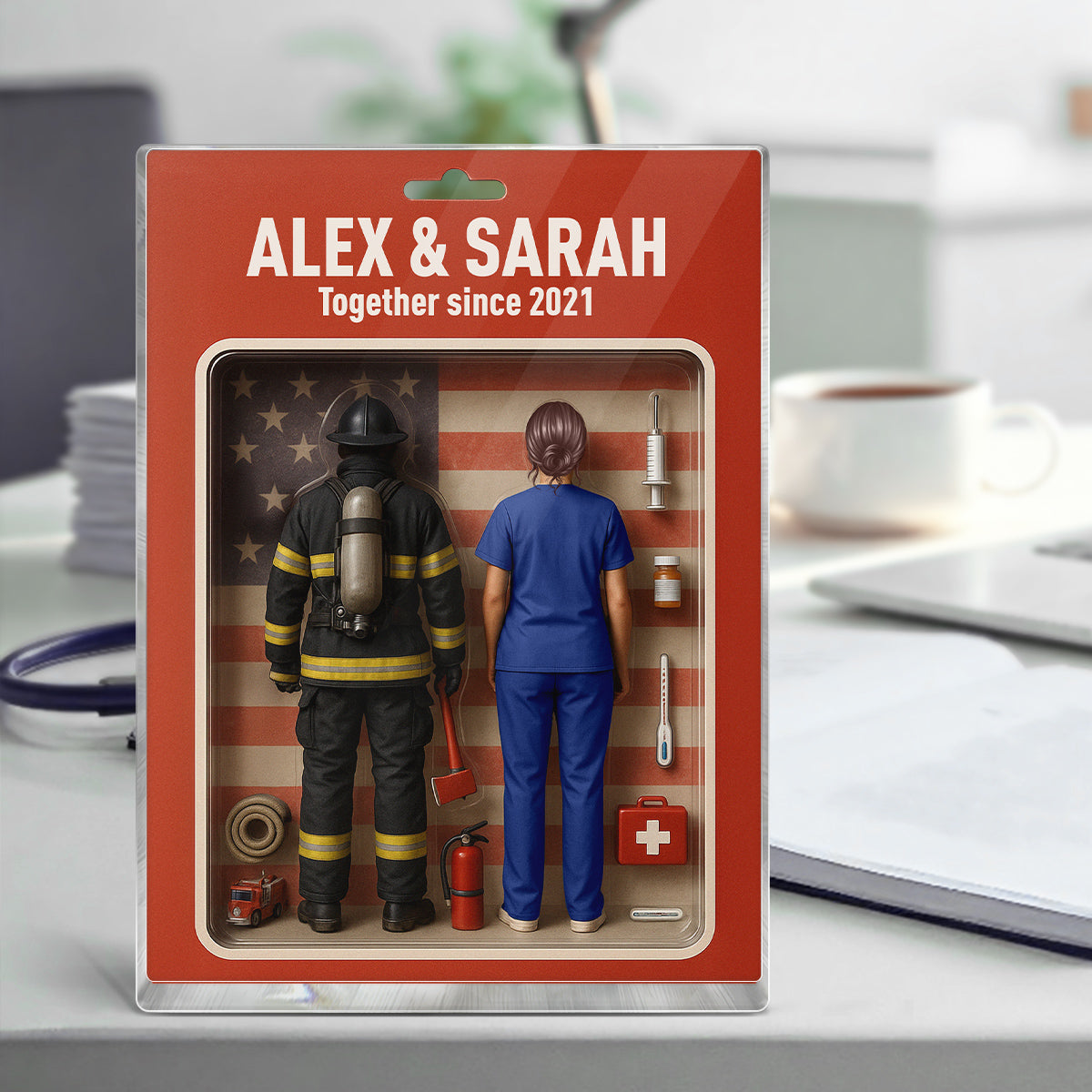 You & Me We Got This Firefighter & Nurse Couple Realistic Figures Style Personalized Acrylic Block Plaque