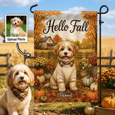 Vintage Dog Cat Hello Fall Photo Upload - Personalized Garden Flag - Fall Season Gift For Dog Mom, Cat Mom
