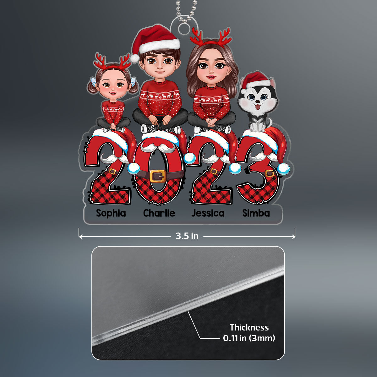 Family Sitting Crossed Legs On Santa Christmas 2023 Personalized Acrylic Ornament