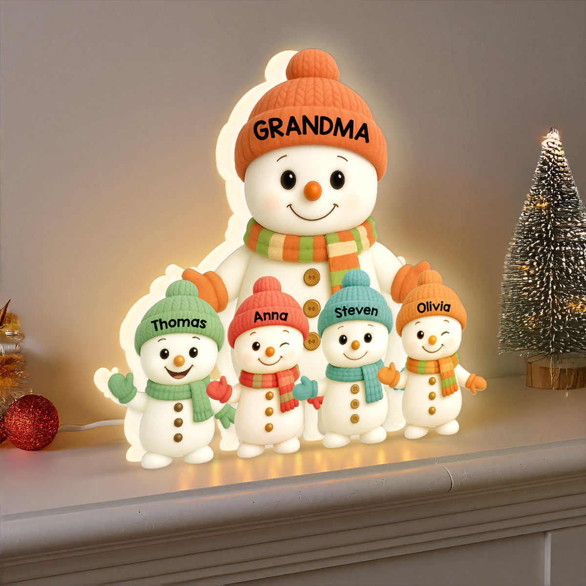 Pastel Color Christmas Grandma Grandkids Snowman Together - Personalized Light Box