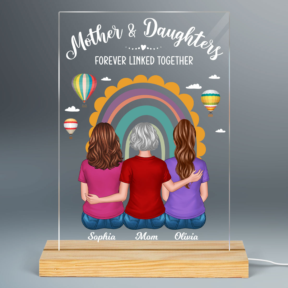 Mother Daughter Back View Rainbow Air Balloon Personalized Acrylic LED Night Light