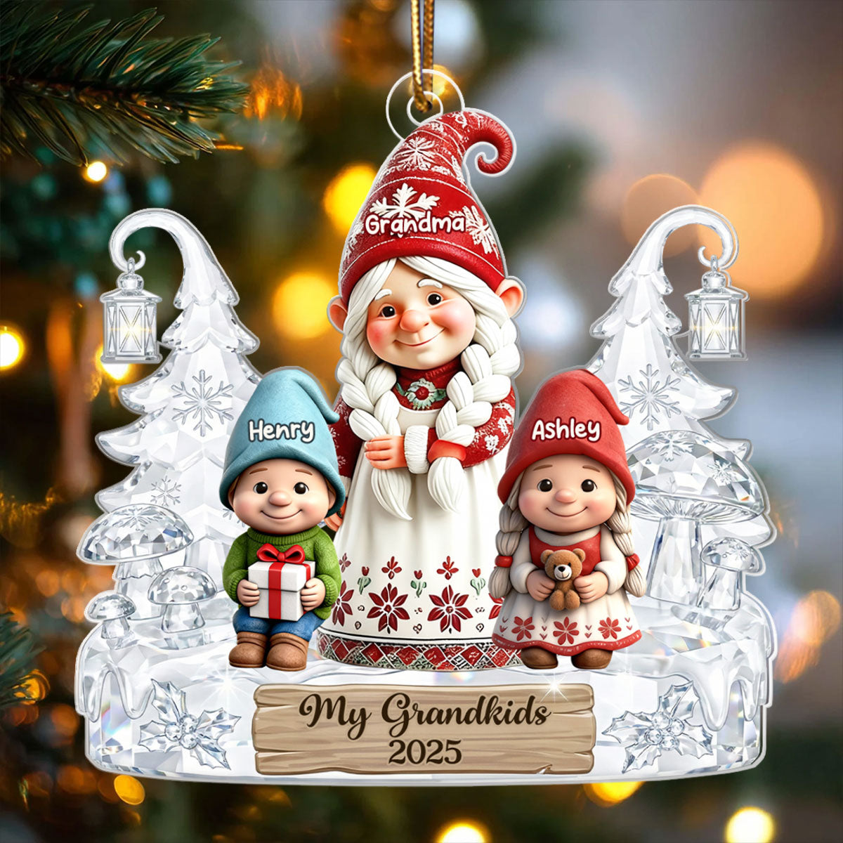 Gnome Grandma And Grandkids Pattern Crystal - Personalized Acrylic Ornament - Heartwarming Christmas Gift For Grandma, Family