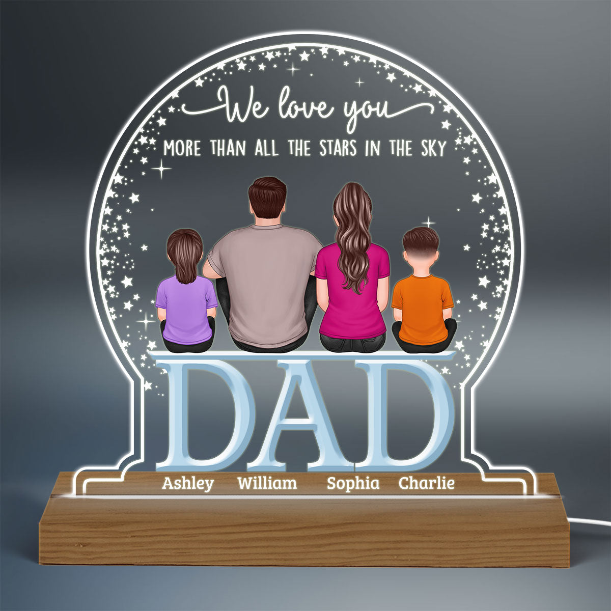 Dad We Love You More Than Stars In Sky Back View Sitting Man & Kids Personalized Custom Shaped Acrylic Plaque With Warm LED Night Light