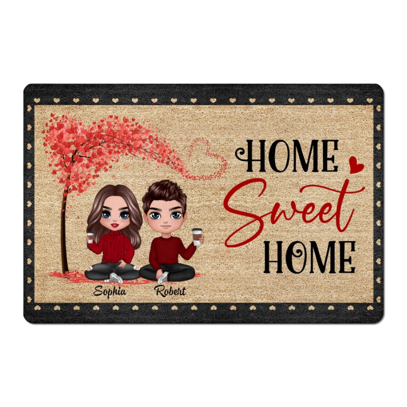 Home Sweet Home Doll Couple Under Heart Tree Personalized Doormat
