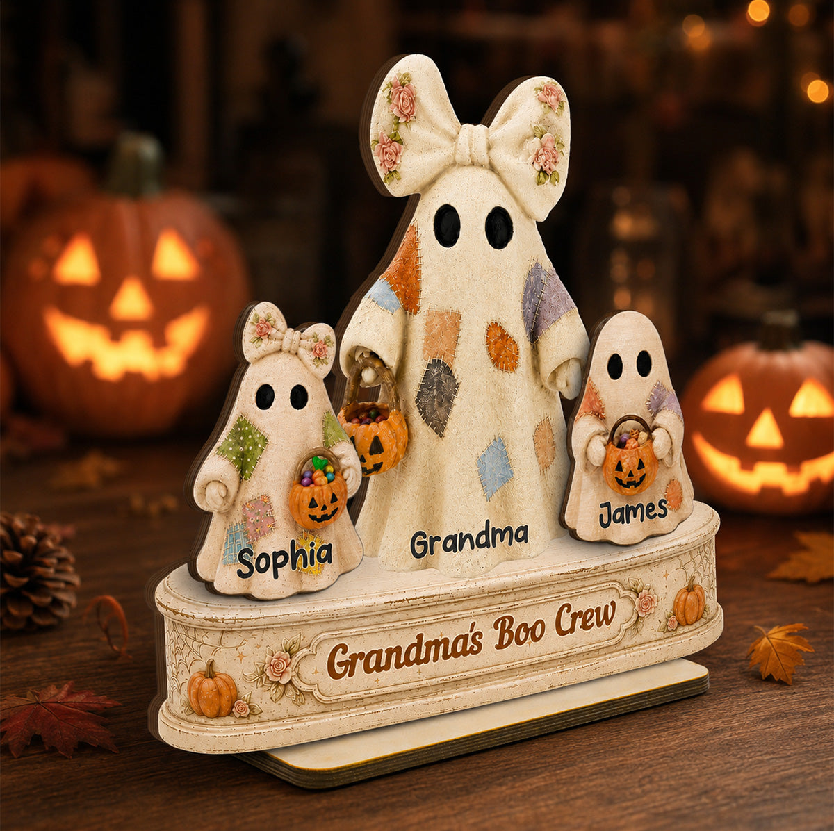 Grandma's Boo Crew Patchwork Style Ghosts 2D Flat - Personalized 2-Layered Wooden Plaque - Fall Season Halloween Decor For Grandma