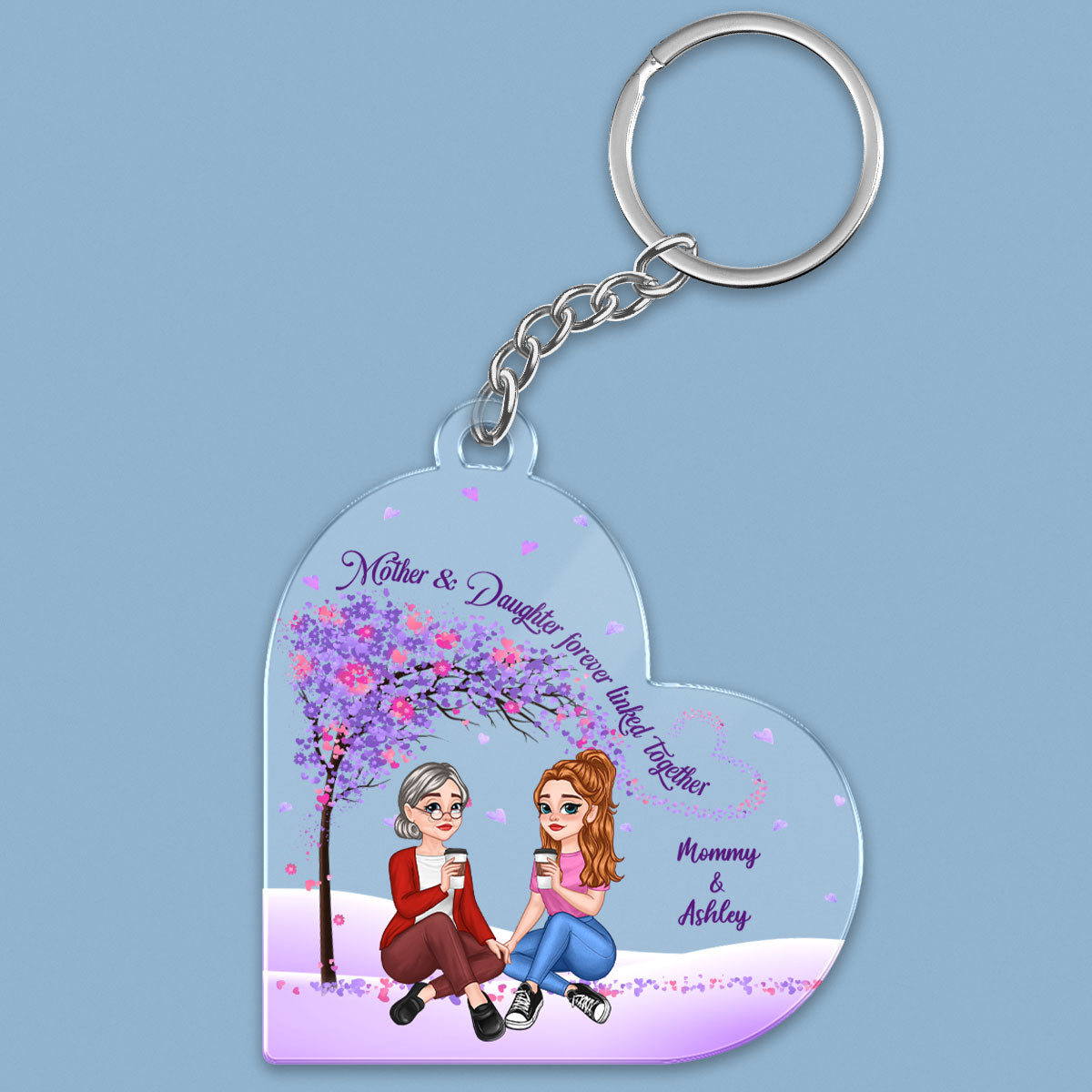 Pretty Cartoon Mom Daughter Sitting Under Purple Tree Personalized Acrylic Keychain