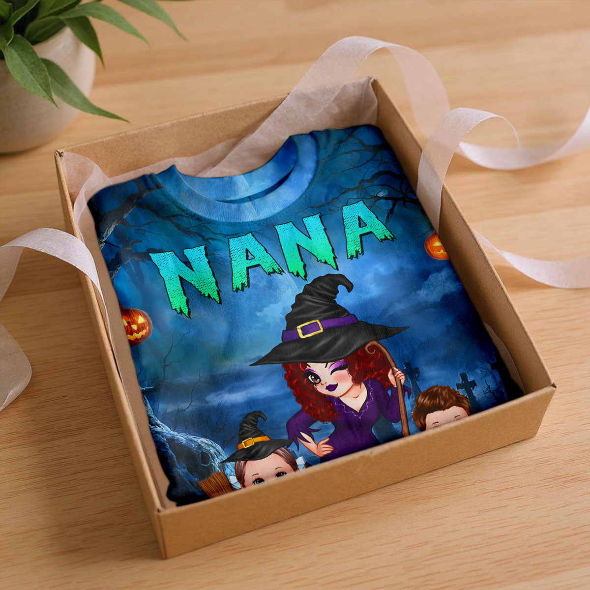 Pretty Grandma Witch & Kids In Halloween Night Personalized Shirt, Halloween Costume for Grandma