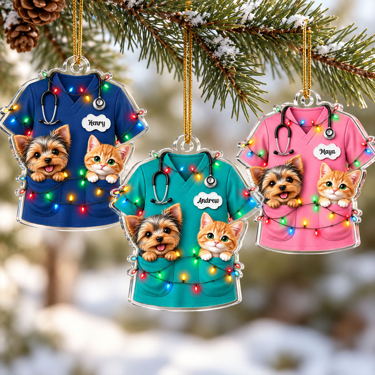 Christmas Vet Scrubs With Pets - Personalized Acrylic Ornament - Veterinarian Christmas Gift