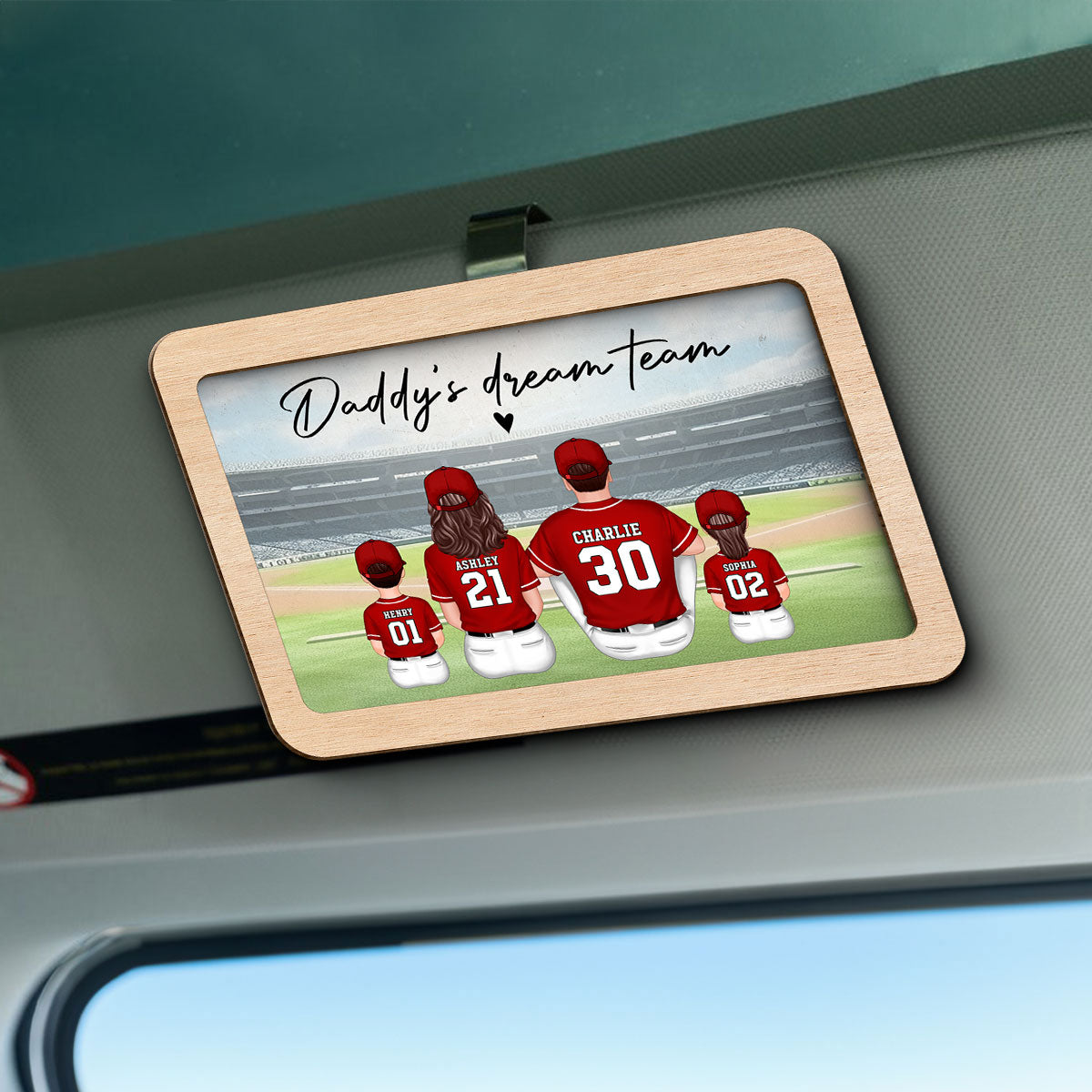Daddy's Team Baseball Family Sitting Personalized Car Visor, Father's Day Gift For Dad, Grandpa, Husband