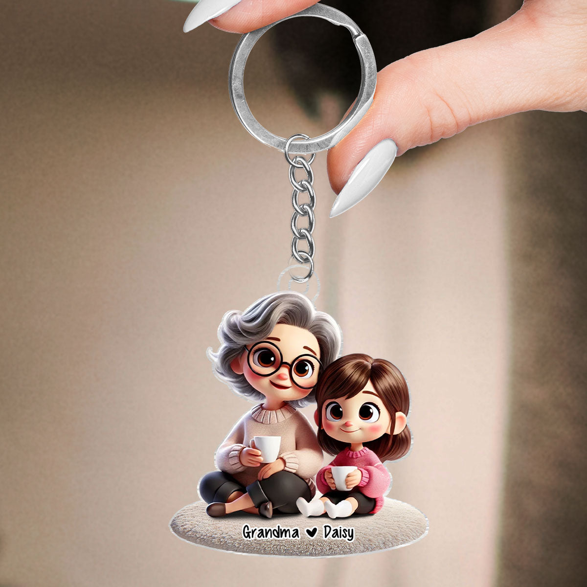 Happy Grandma & Grandkid Sitting Personalized Acrylic Keychain, Perfect 2025 Gift For Mom, For Grandma