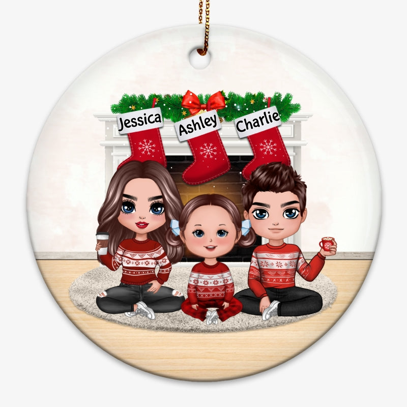 Doll Family Sitting At Fireplace Christmas Personalized Circle Ornament