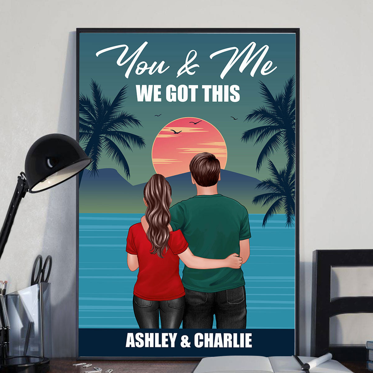 Back View Couple Standing Hugging Retro Summer Personalized Vertical Poster