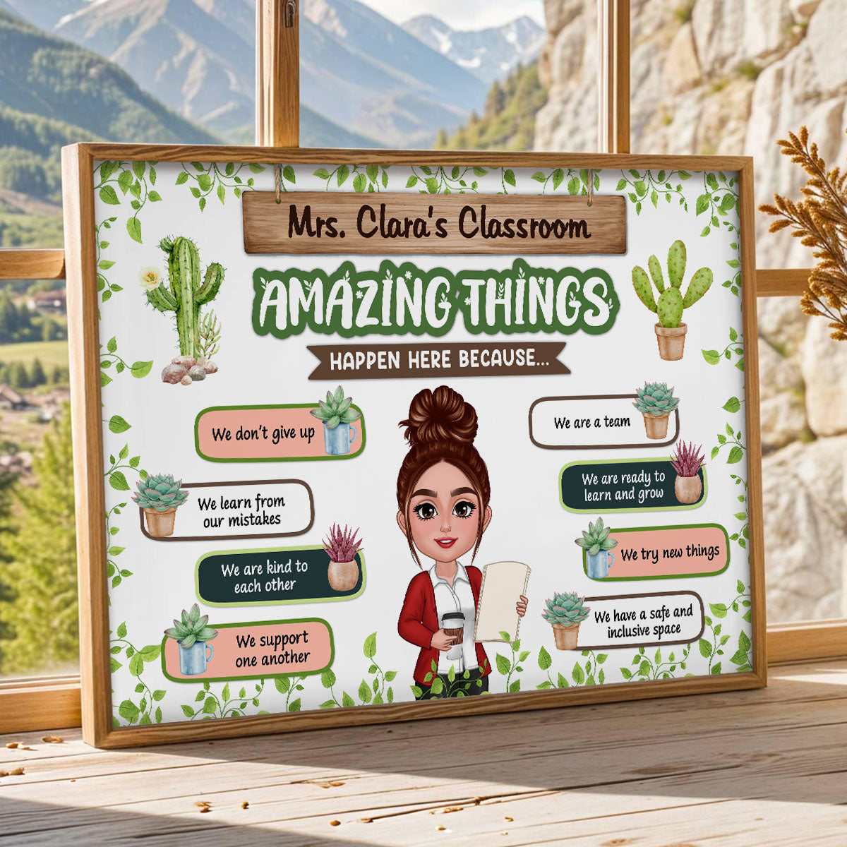 Greenery Boho Plants Amazing Things Happen Here Teacher Personalized Poster, Classroom Decoration