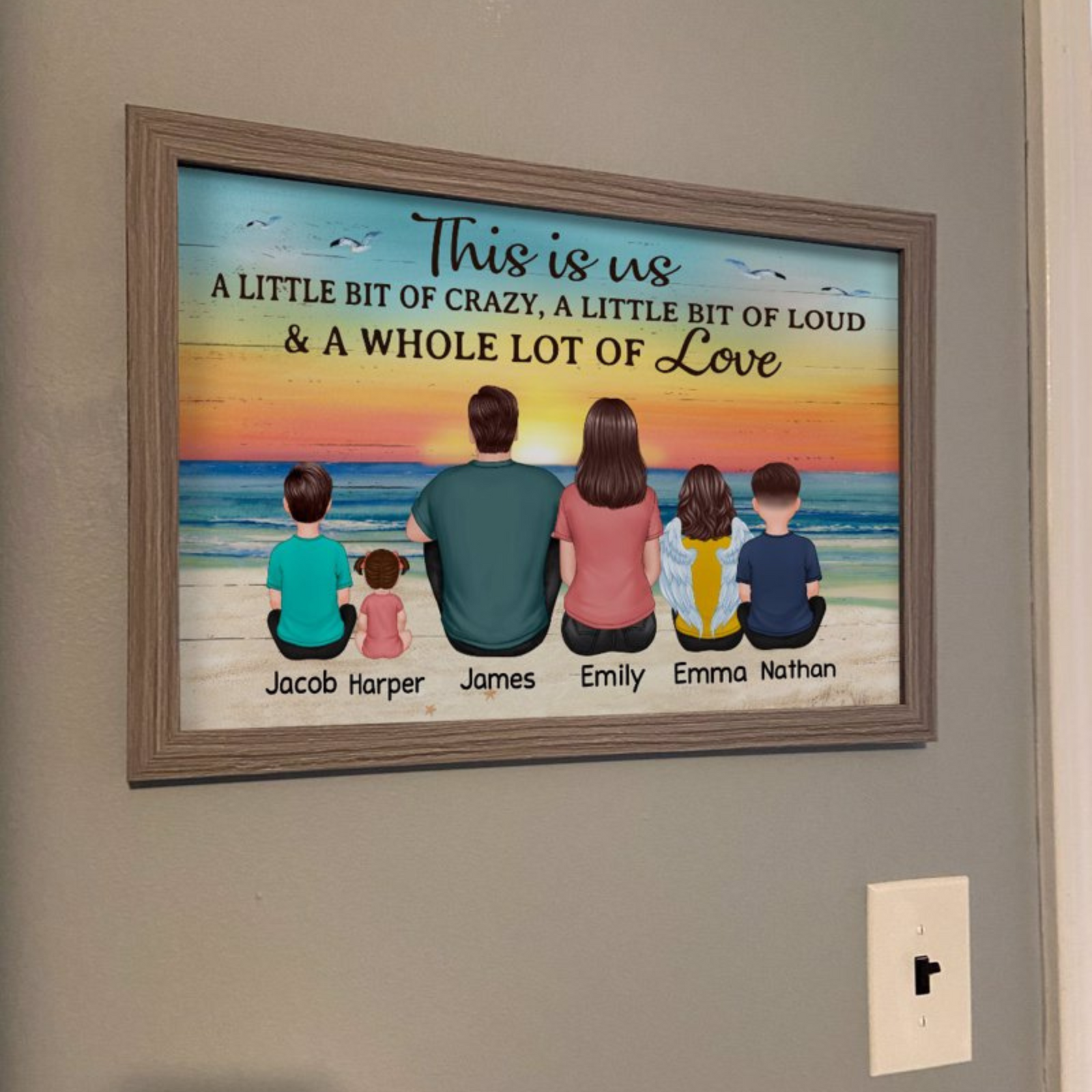 Back View Family Sitting Beach Landscape Personalized Horizontal Poster