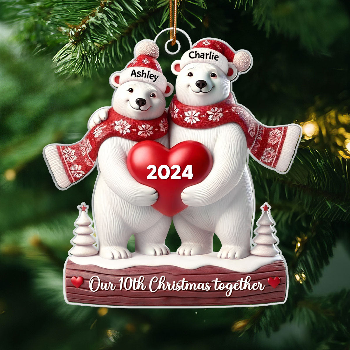 3D Effect Polar Bears Couple Christmas Personalized Ornament, Christmas Gift For Him, For Her
