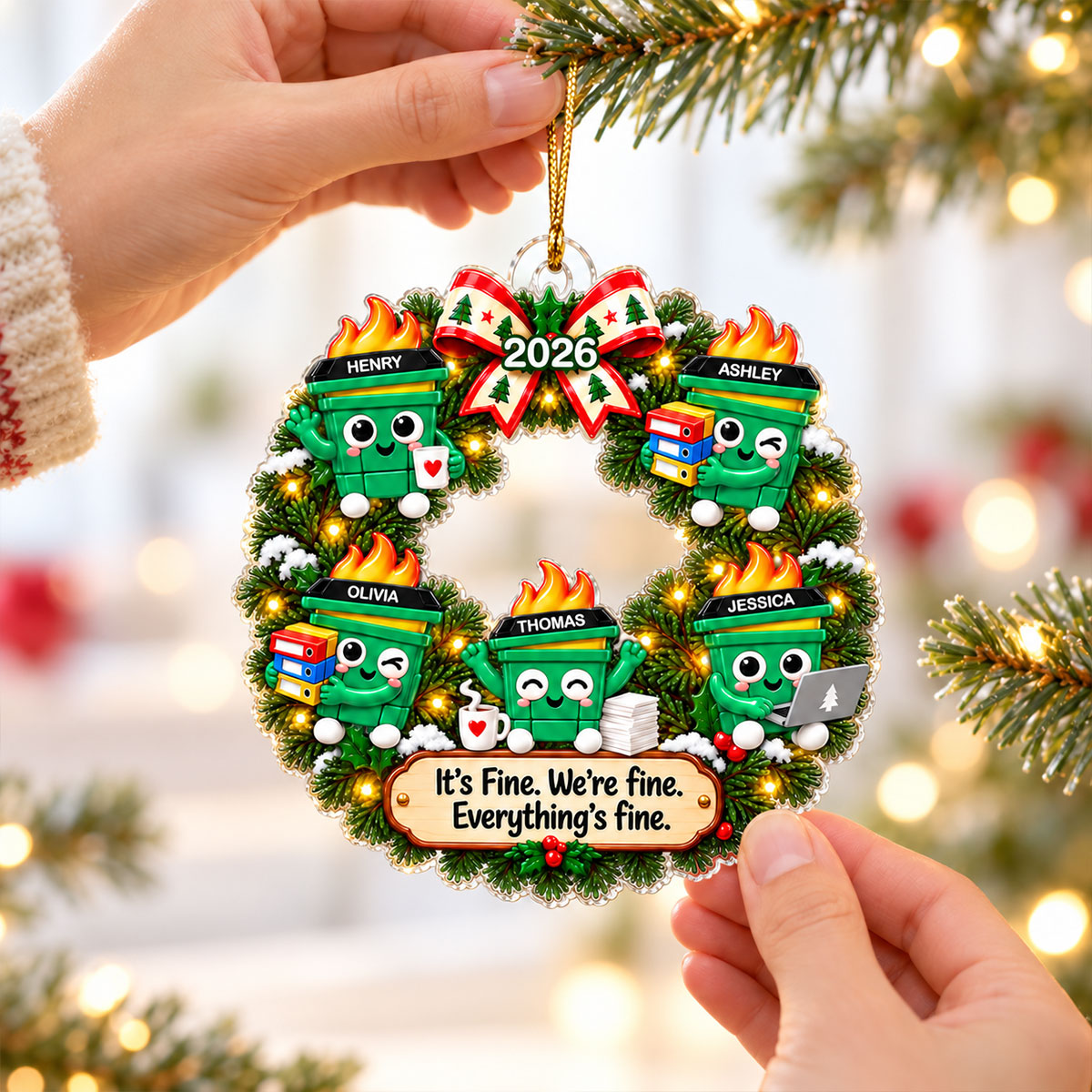 Funny Dumpster Fire Office Chaos - Personalized Acrylic Ornament - Funny Christmas Gift For Coworkers