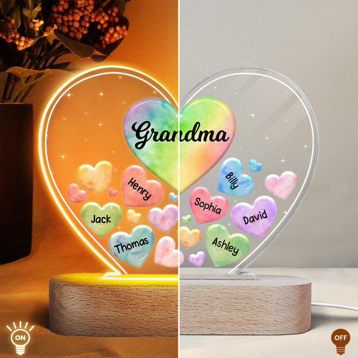 Grandma Mom Hearts In Heart - Personalized Acrylic Block Plaque LED Night Light