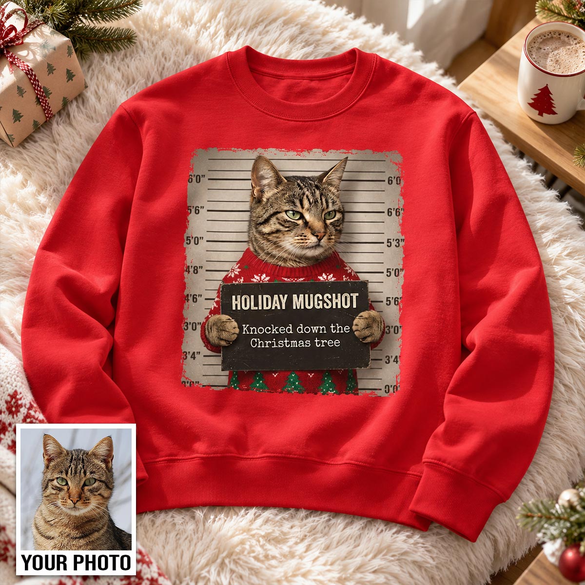 Funny Pet Holiday Mugshot Upload Pet Photo - Personalized Shirt - Iconic Christmas Gift For Pet Lovers