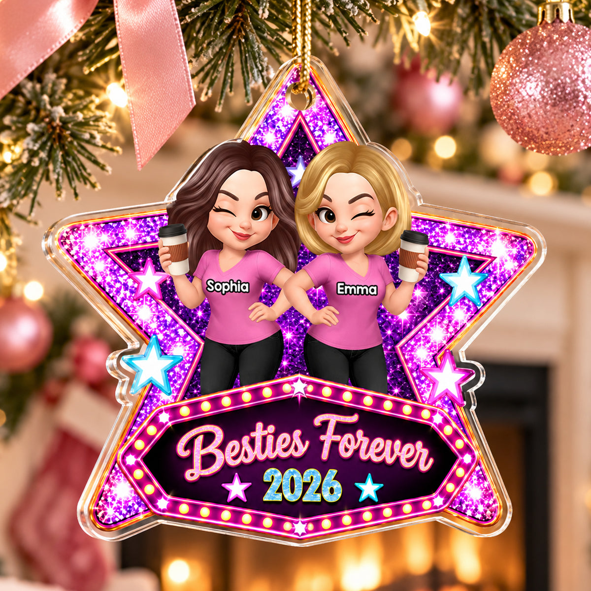 Besties Sisters Forever Stars - Personalized Acrylic Ornament - Christmas Gift For Besties Sister