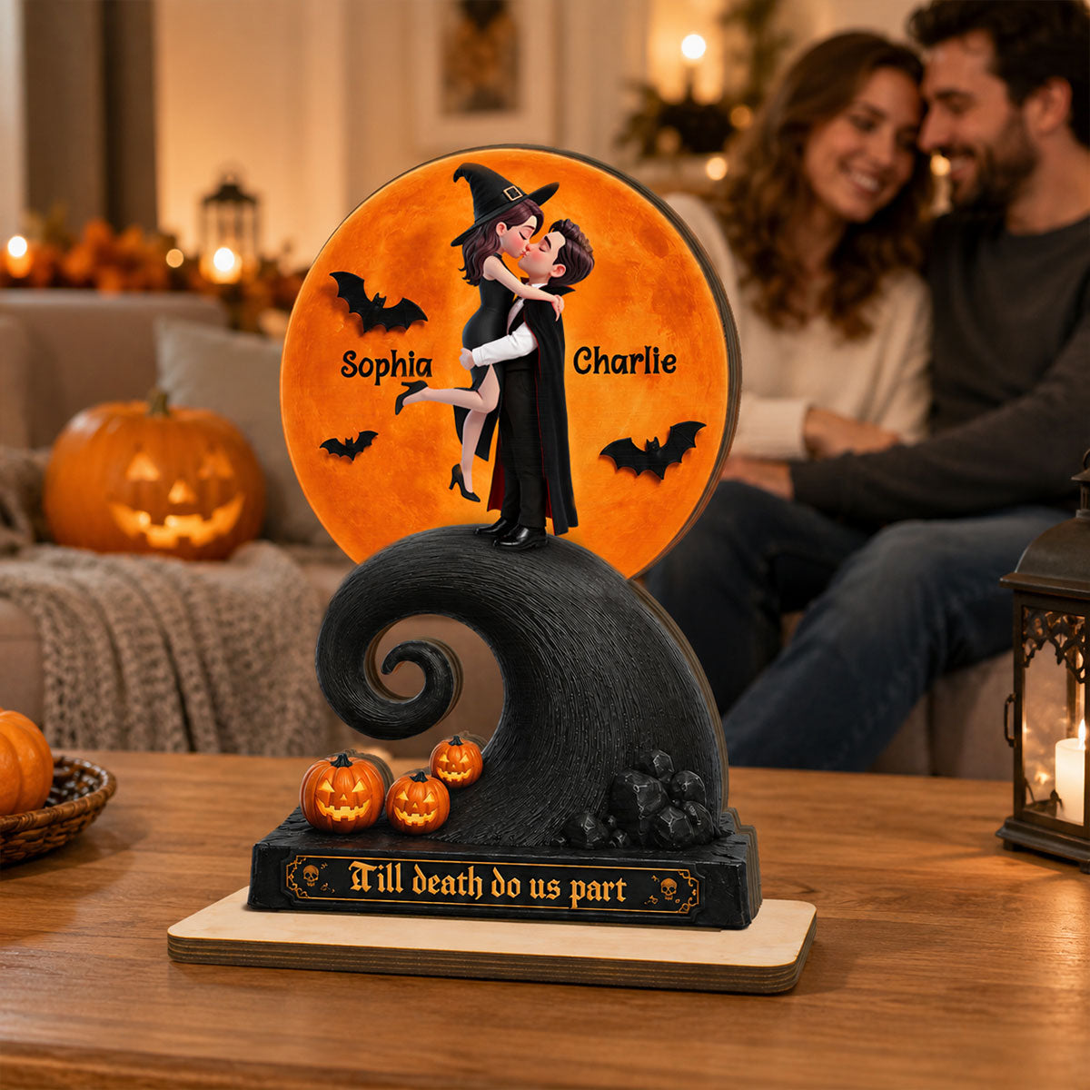 Our Love Beneath The Halloween Moon - Personalized 2-Layered Wooden Plaque - Halloween Gift For Couple - Personalized 2-Layered Wooden Plaque - Halloween Gift For Couple